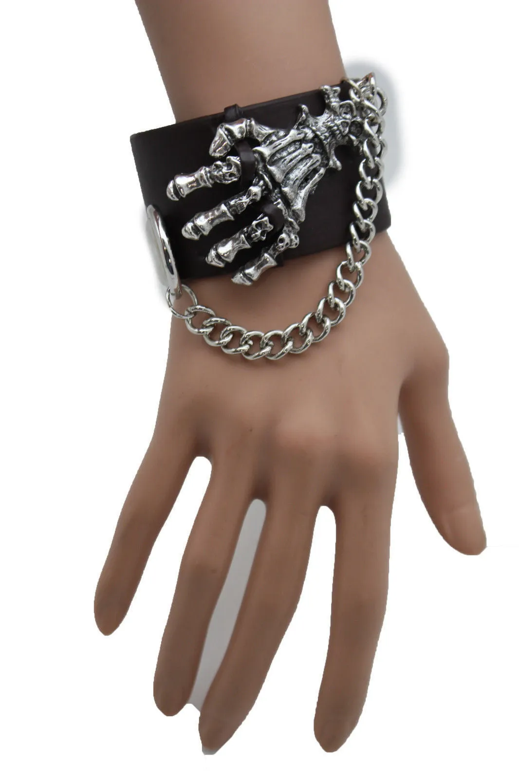 Dark Brown Black Faux Leather Bracelet Gold Silver Metal Chains Skeleton Skulls Hand