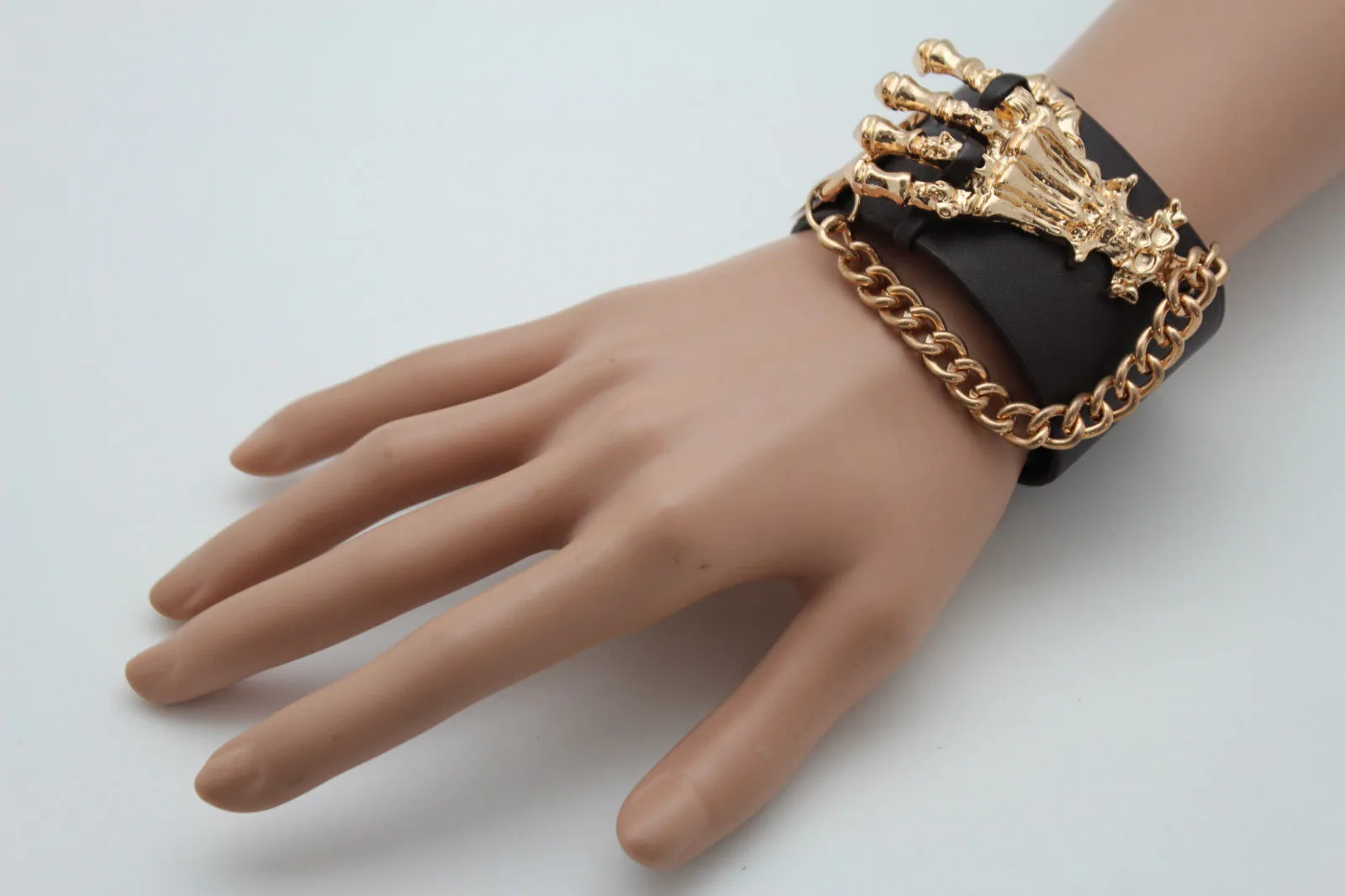 Dark Brown Black Faux Leather Bracelet Gold Silver Metal Chains Skeleton Skulls Hand