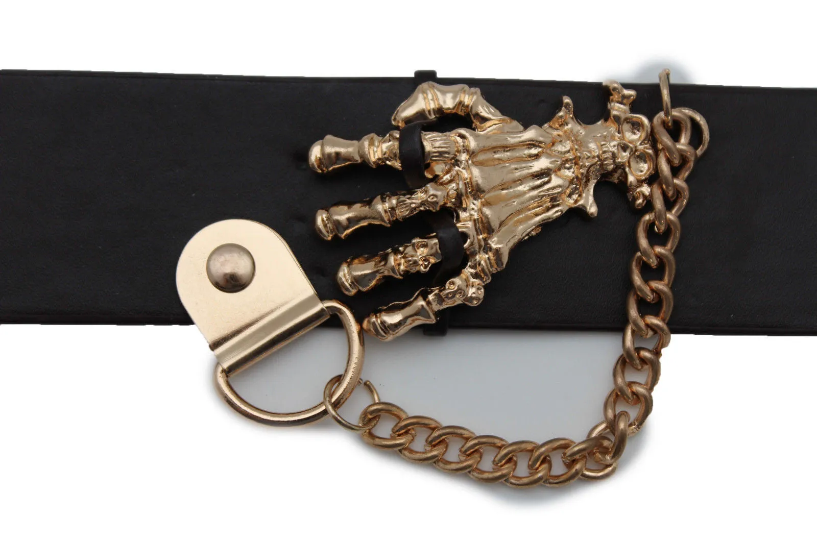 Dark Brown Black Faux Leather Bracelet Gold Silver Metal Chains Skeleton Skulls Hand