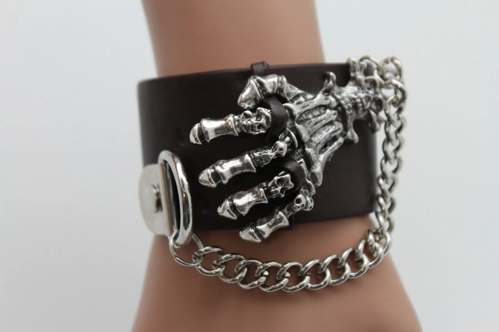 Dark Brown Black Faux Leather Bracelet Gold Silver Metal Chains Skeleton Skulls Hand