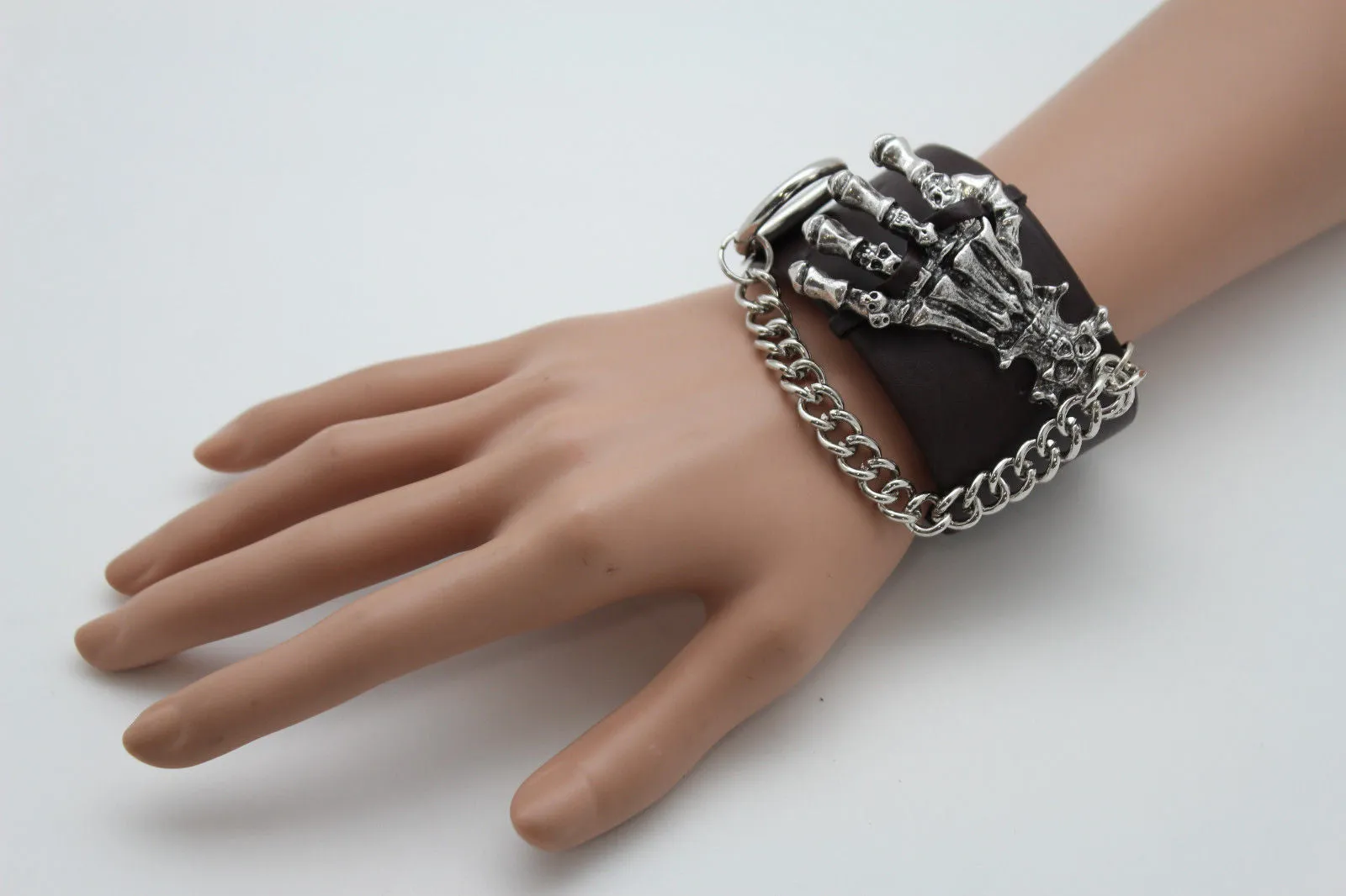 Dark Brown Black Faux Leather Bracelet Gold Silver Metal Chains Skeleton Skulls Hand
