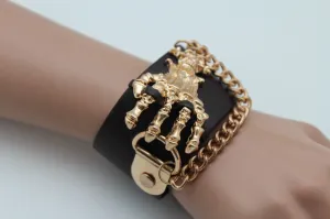 Dark Brown Black Faux Leather Bracelet Gold Silver Metal Chains Skeleton Skulls Hand