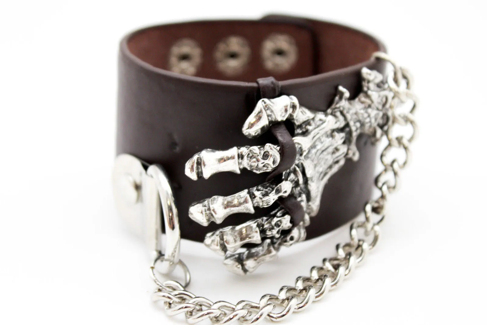 Dark Brown Black Faux Leather Bracelet Gold Silver Metal Chains Skeleton Skulls Hand