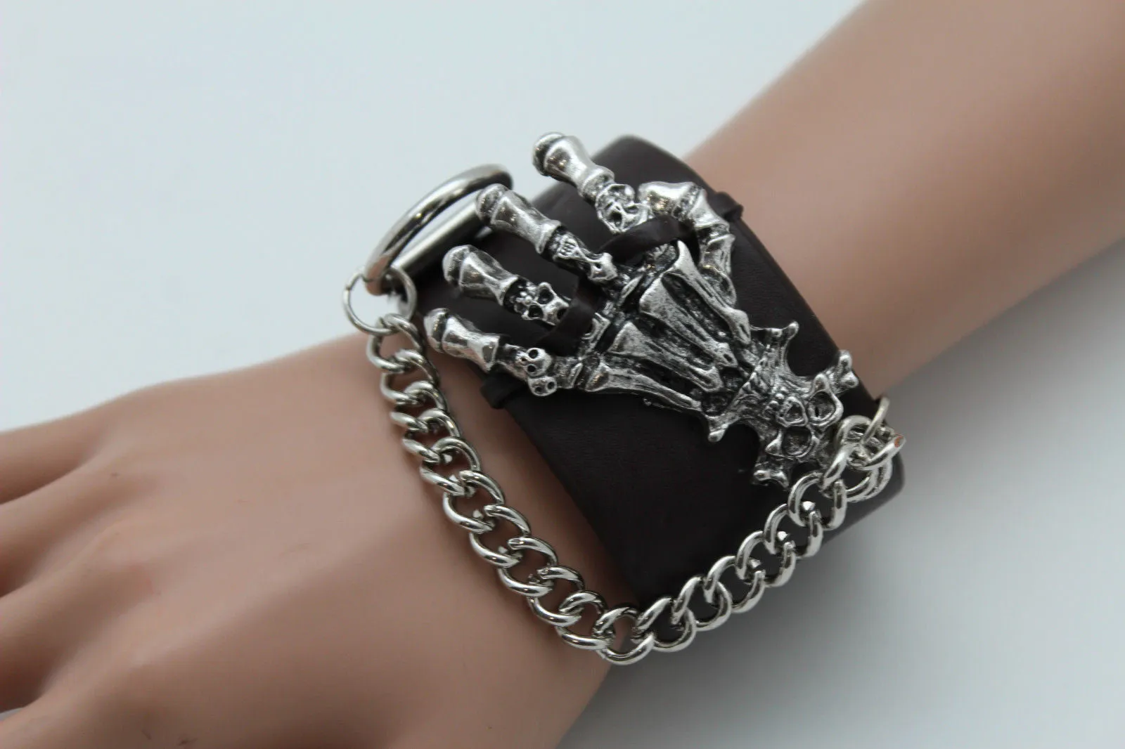 Dark Brown Black Faux Leather Bracelet Gold Silver Metal Chains Skeleton Skulls Hand