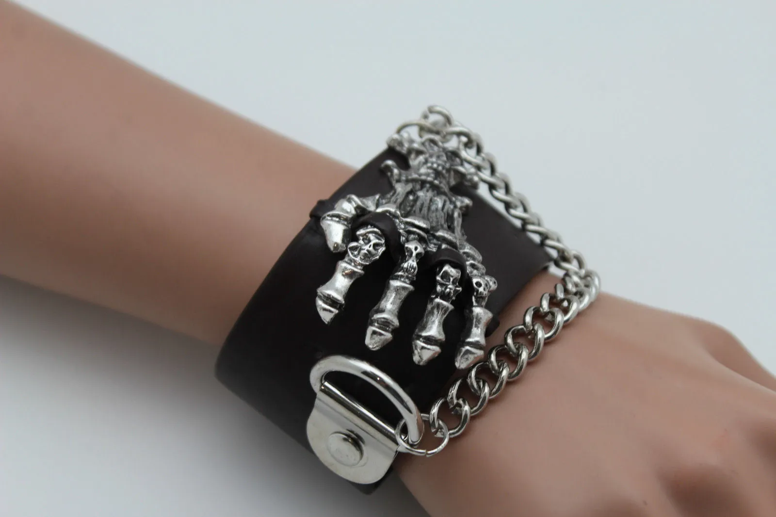 Dark Brown Black Faux Leather Bracelet Gold Silver Metal Chains Skeleton Skulls Hand