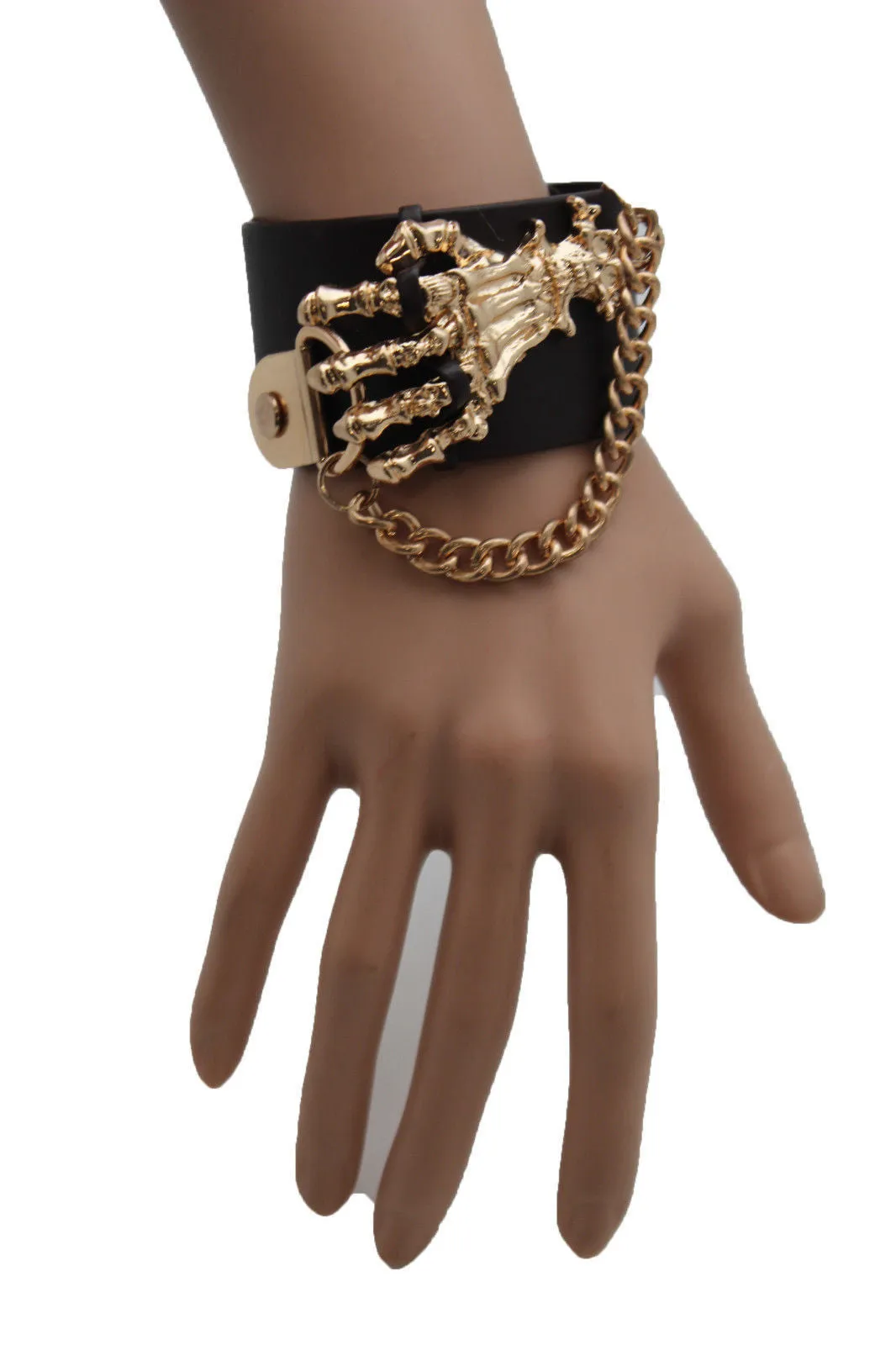 Dark Brown Black Faux Leather Bracelet Gold Silver Metal Chains Skeleton Skulls Hand