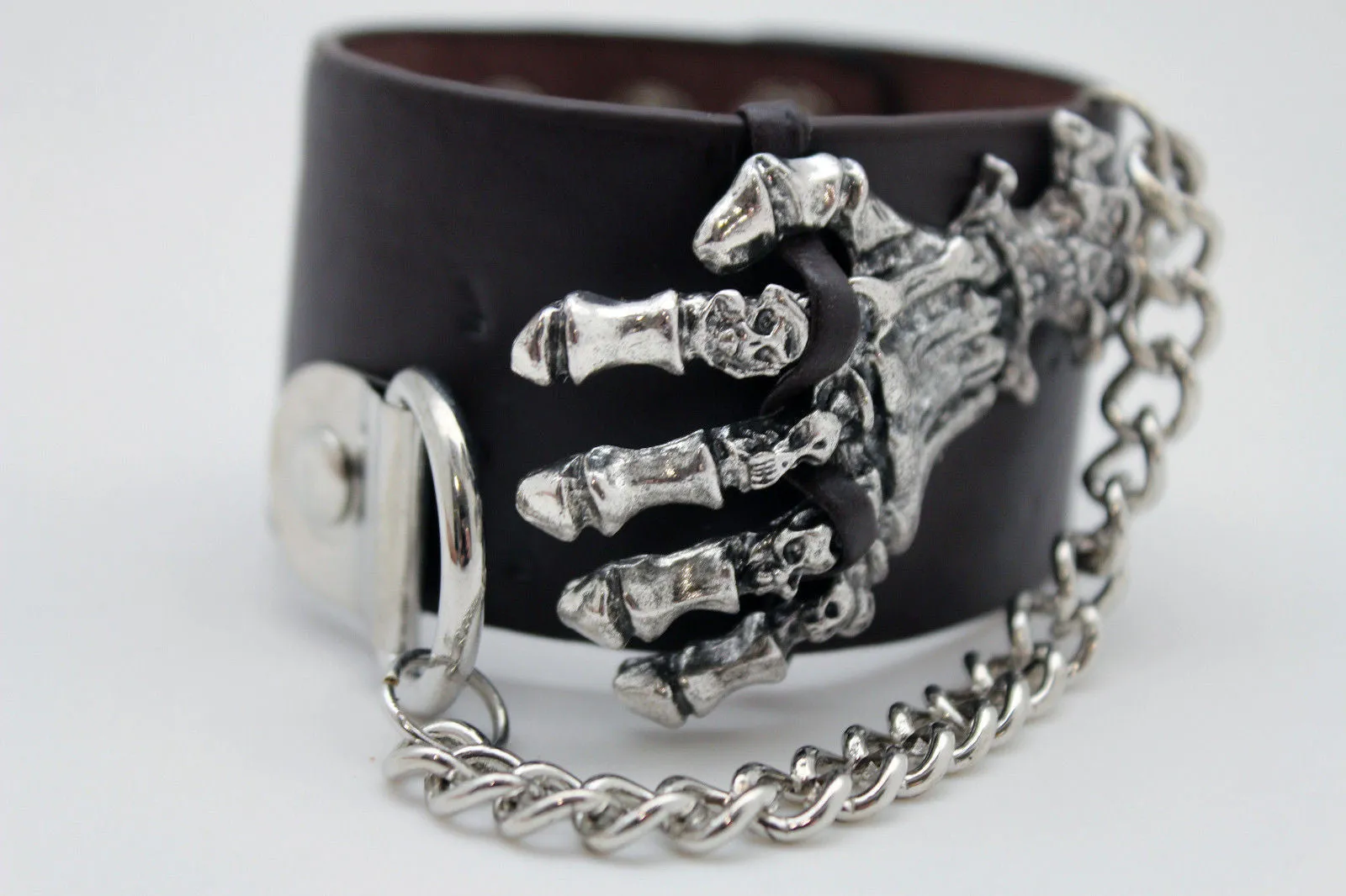 Dark Brown Black Faux Leather Bracelet Gold Silver Metal Chains Skeleton Skulls Hand