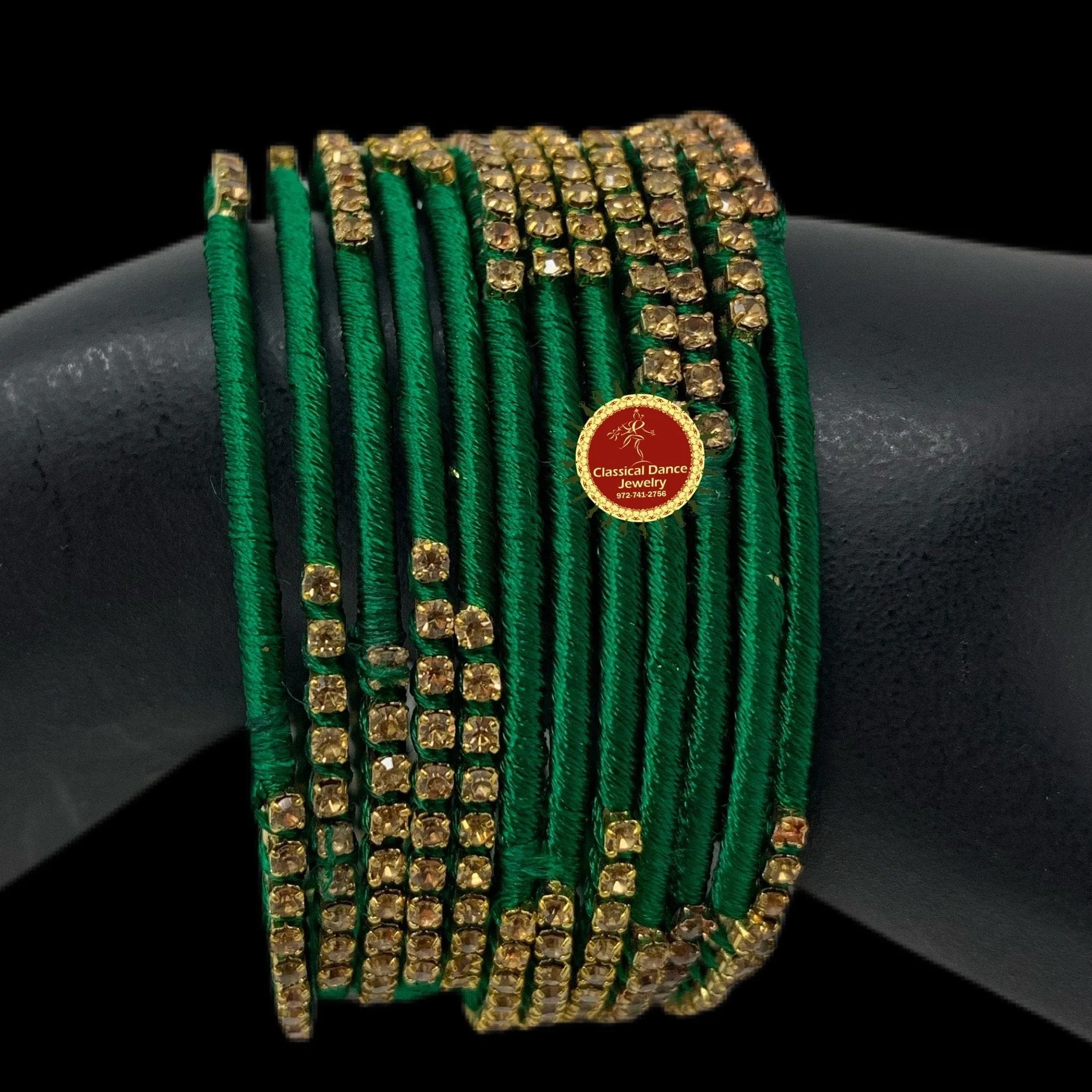 DARK GREEN thread GOLD Stone Studded 12 Bangles Jewelry Set | Bharatnatyam Kuchipudi Weddings, Birthdays |  Classical Dance Jewelry