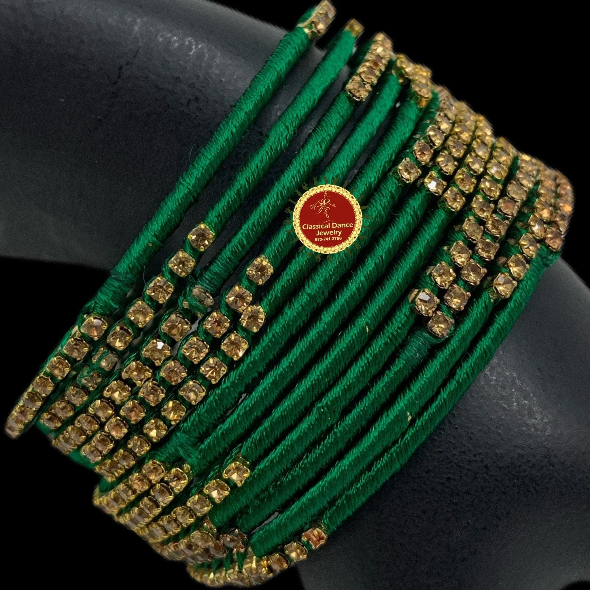 DARK GREEN thread GOLD Stone Studded 12 Bangles Jewelry Set | Bharatnatyam Kuchipudi Weddings, Birthdays |  Classical Dance Jewelry