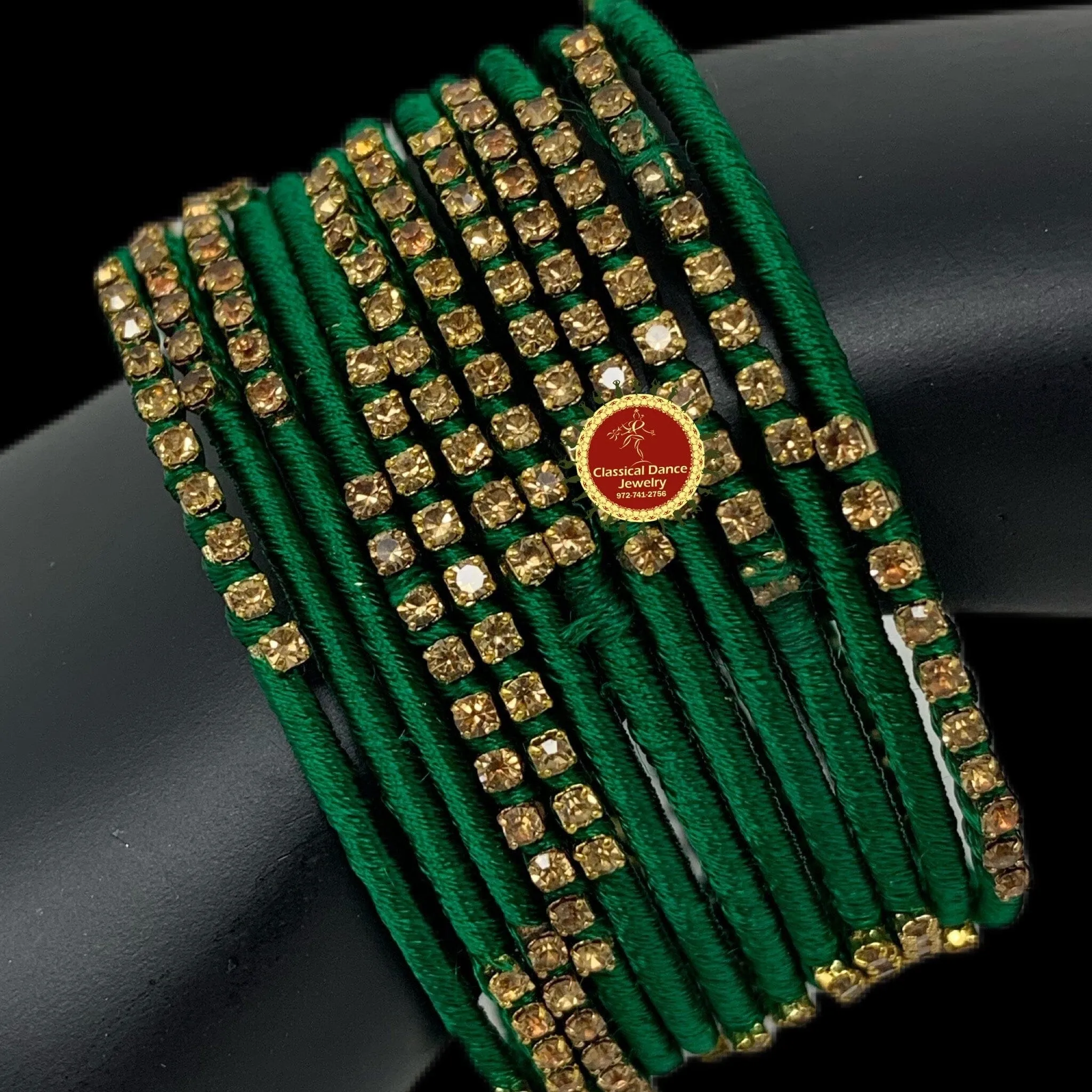 DARK GREEN thread GOLD Stone Studded 12 Bangles Jewelry Set | Bharatnatyam Kuchipudi Weddings, Birthdays |  Classical Dance Jewelry