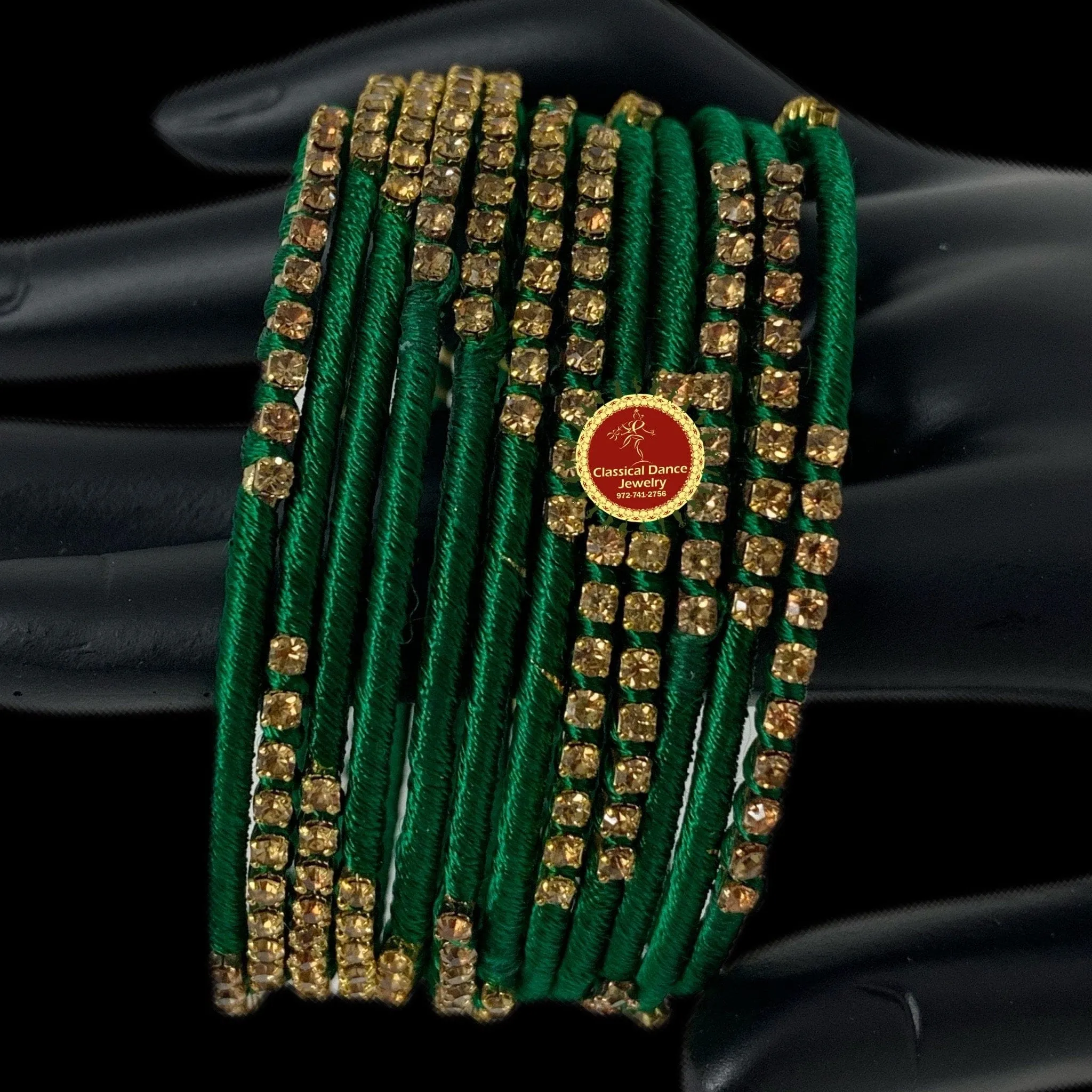 DARK GREEN thread GOLD Stone Studded 12 Bangles Jewelry Set | Bharatnatyam Kuchipudi Weddings, Birthdays |  Classical Dance Jewelry