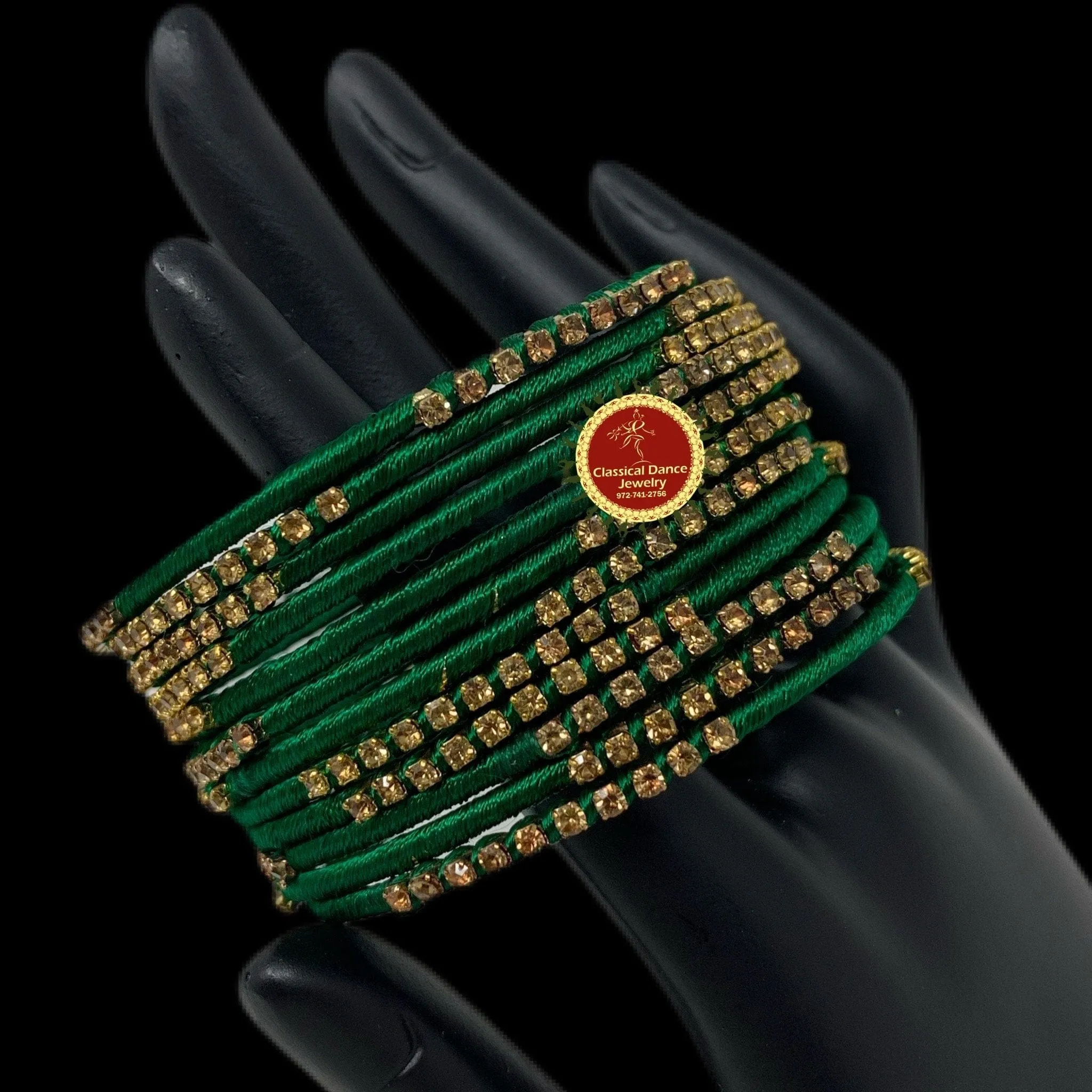 DARK GREEN thread GOLD Stone Studded 12 Bangles Jewelry Set | Bharatnatyam Kuchipudi Weddings, Birthdays |  Classical Dance Jewelry