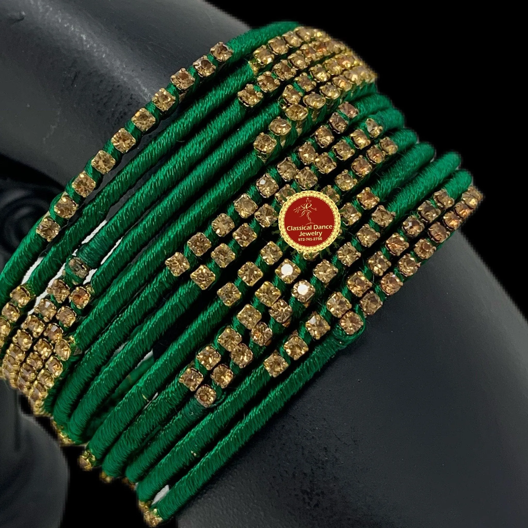 DARK GREEN thread GOLD Stone Studded 12 Bangles Jewelry Set | Bharatnatyam Kuchipudi Weddings, Birthdays |  Classical Dance Jewelry