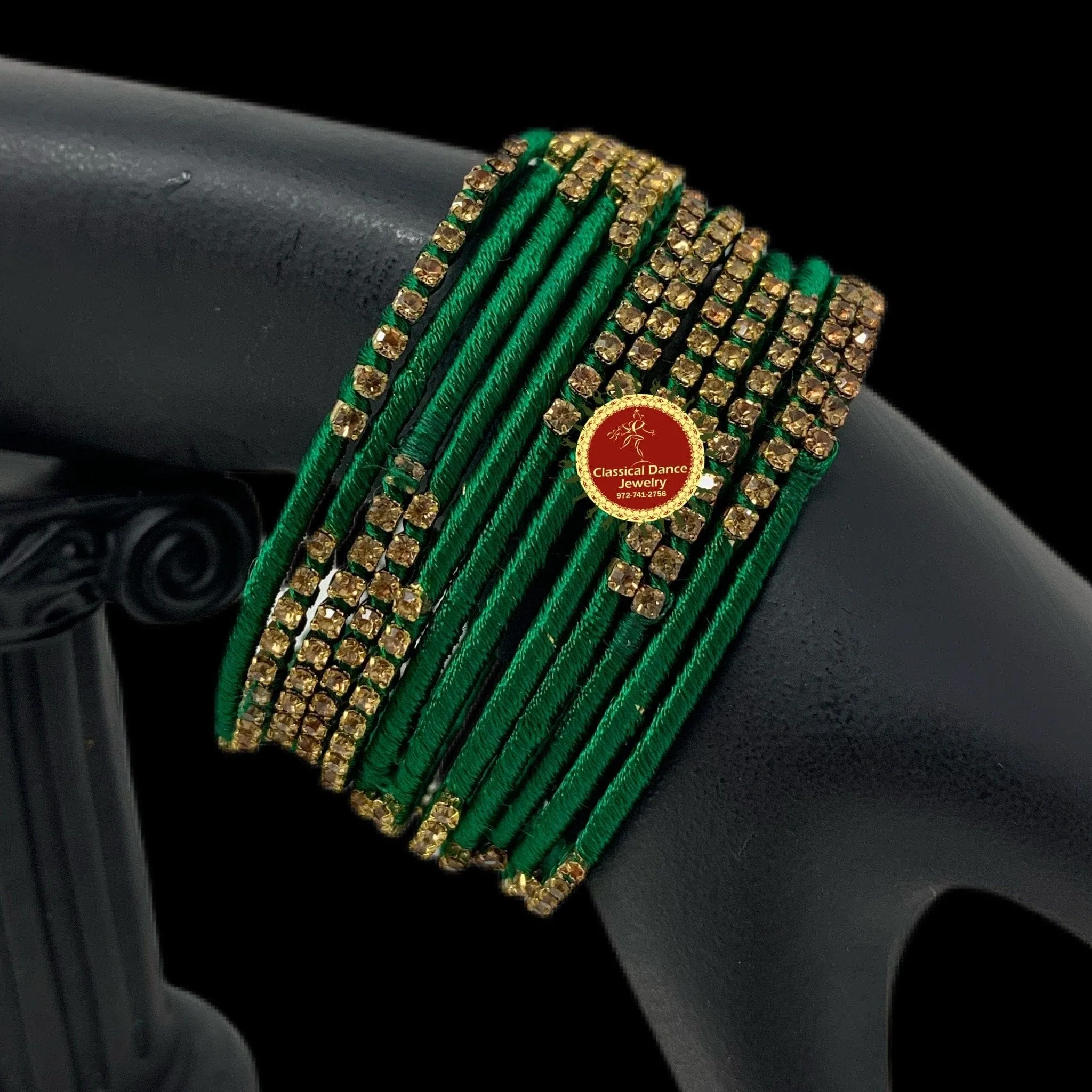 DARK GREEN thread GOLD Stone Studded 12 Bangles Jewelry Set | Bharatnatyam Kuchipudi Weddings, Birthdays |  Classical Dance Jewelry