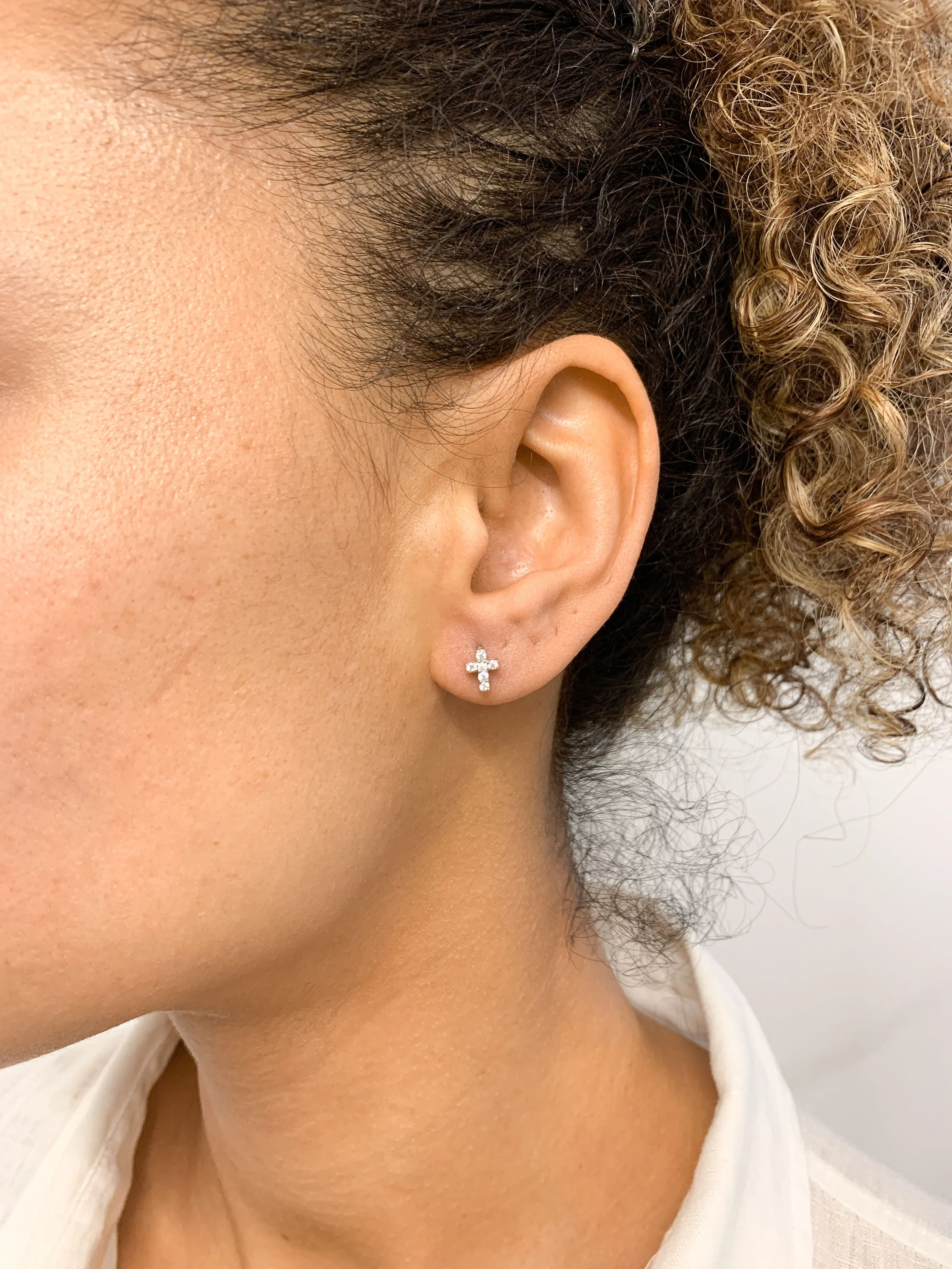 Diamond Cross Earrings - Dainty Christian Earrings - Sparkly Diamond Studs