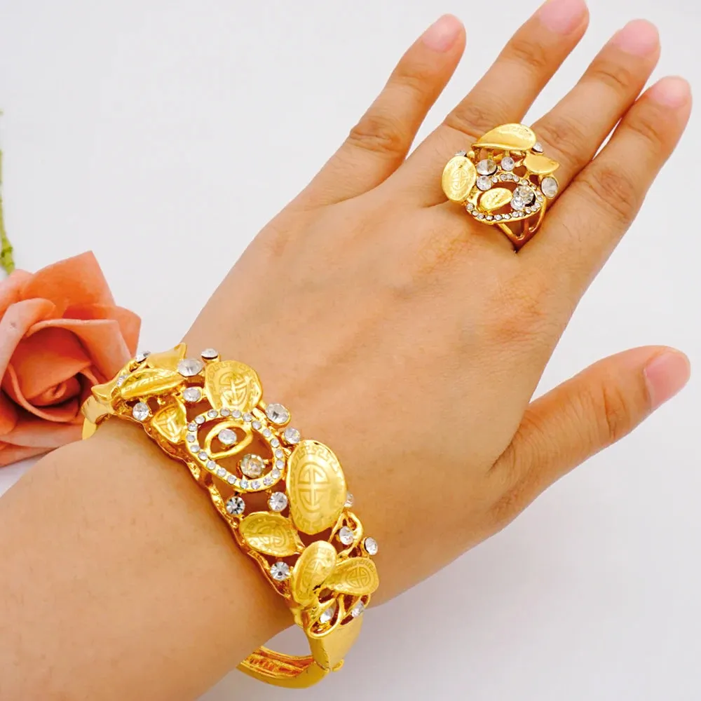 Dubai Ethiopian Cuff Bracelet Gold Color Bangle With Ring For Women Bracelet