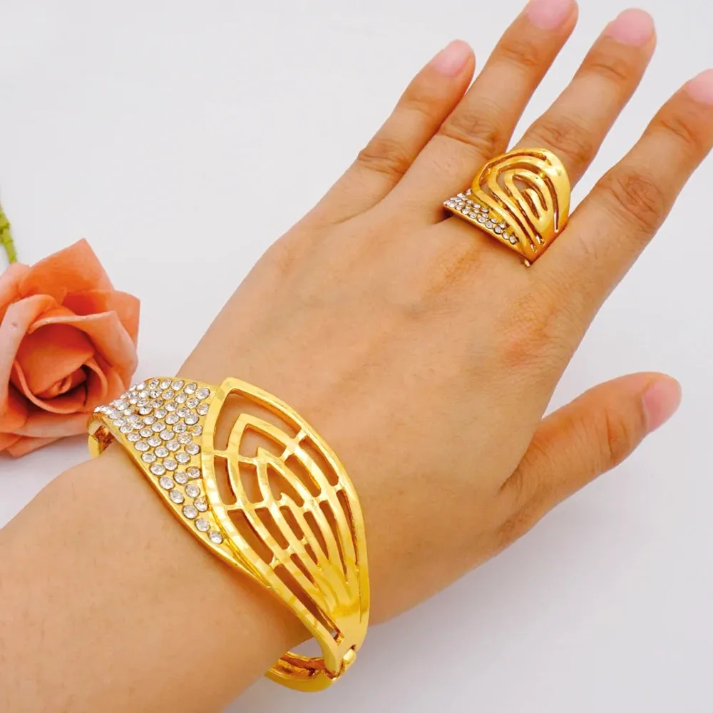 Dubai Ethiopian Cuff Bracelet Gold Color Bangle With Ring For Women Bracelet
