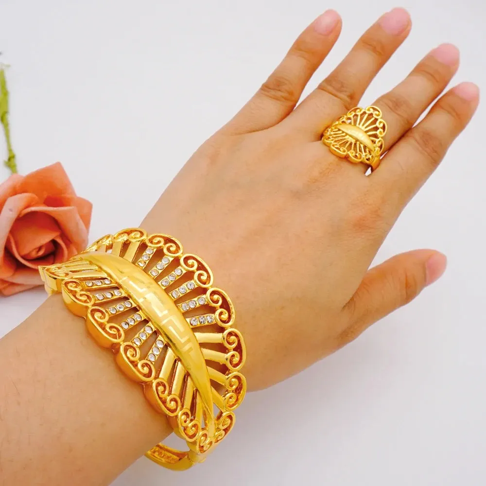 Dubai Ethiopian Cuff Bracelet Gold Color Bangle With Ring For Women Bracelet