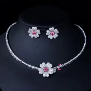 Elegant Cubic Zirconia Floral Design Necklace And Earrings Bridal Jewelry Set