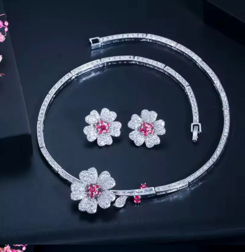Elegant Cubic Zirconia Floral Design Necklace And Earrings Bridal Jewelry Set