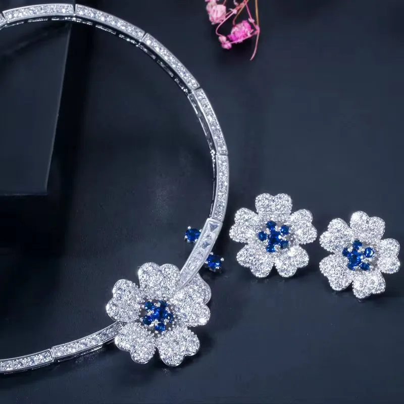 Elegant Cubic Zirconia Floral Design Necklace And Earrings Bridal Jewelry Set