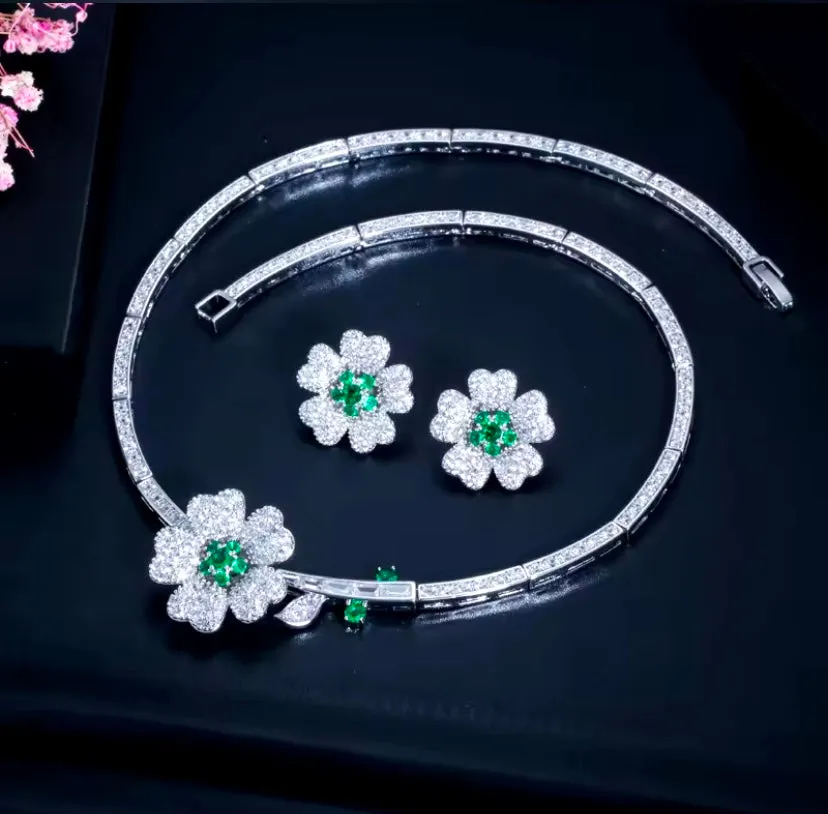 Elegant Cubic Zirconia Floral Design Necklace And Earrings Bridal Jewelry Set