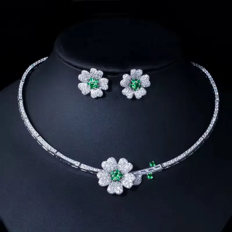 Elegant Cubic Zirconia Floral Design Necklace And Earrings Bridal Jewelry Set