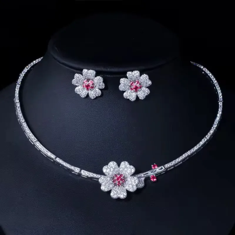 Elegant Cubic Zirconia Floral Design Necklace And Earrings Bridal Jewelry Set