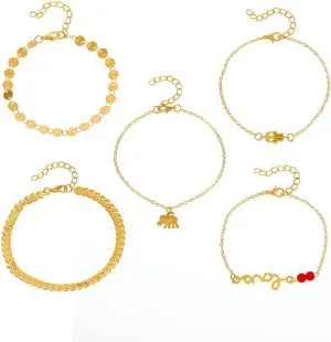 Elegant Gold-Plated Anklet Set - 5 Designs with Unique Charms, Perfect for Everyday and Festive Wear