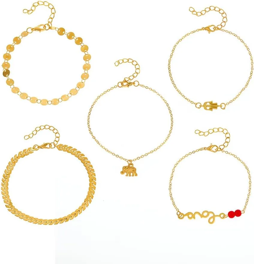 Elegant Gold-Plated Anklet Set - 5 Designs with Unique Charms, Perfect for Everyday and Festive Wear