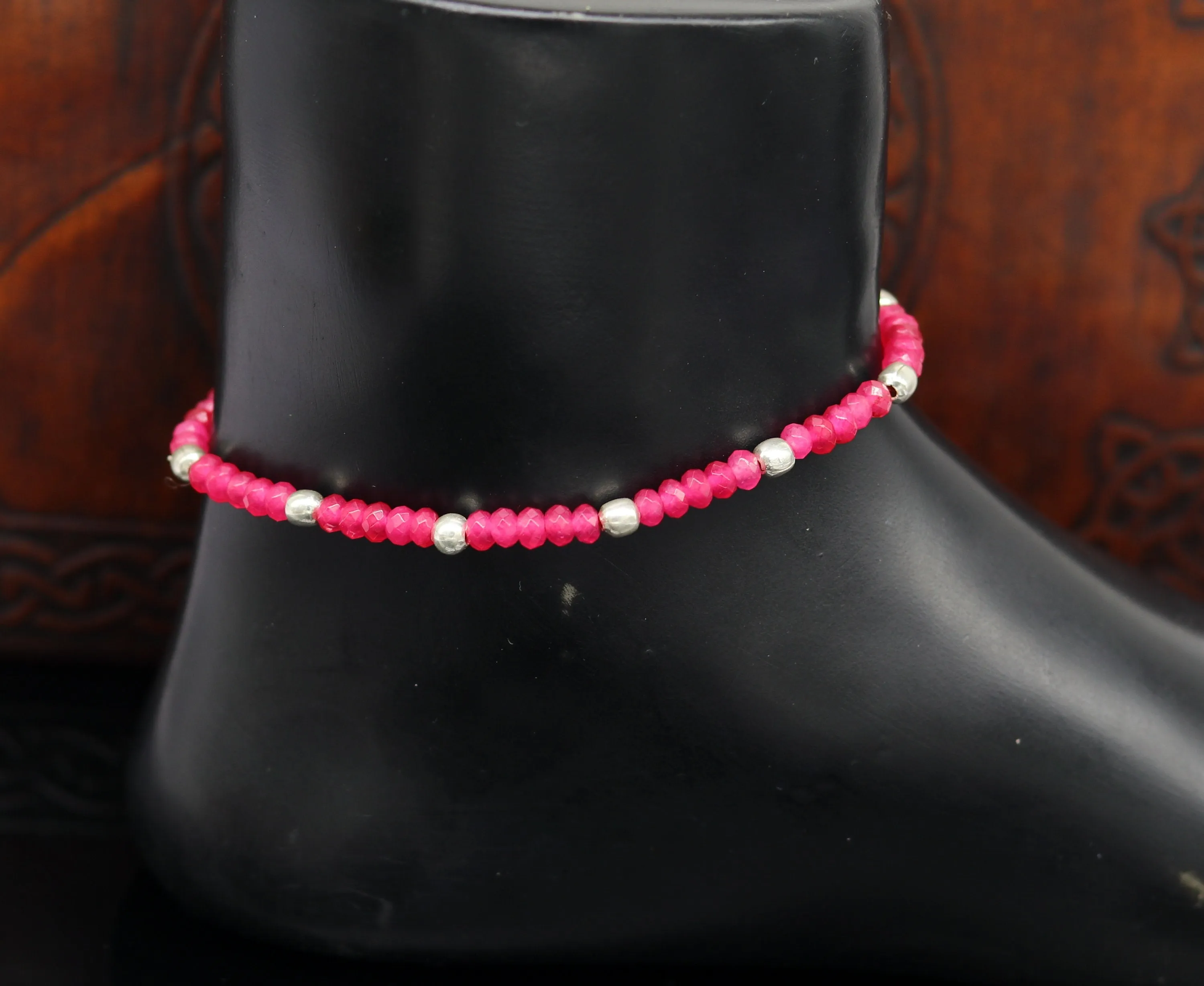 Elegant threads anklets semi precious ruby stone and 925 silver beads, custom made ankle bracelet, pretty gift modern beaded jewelry ank249