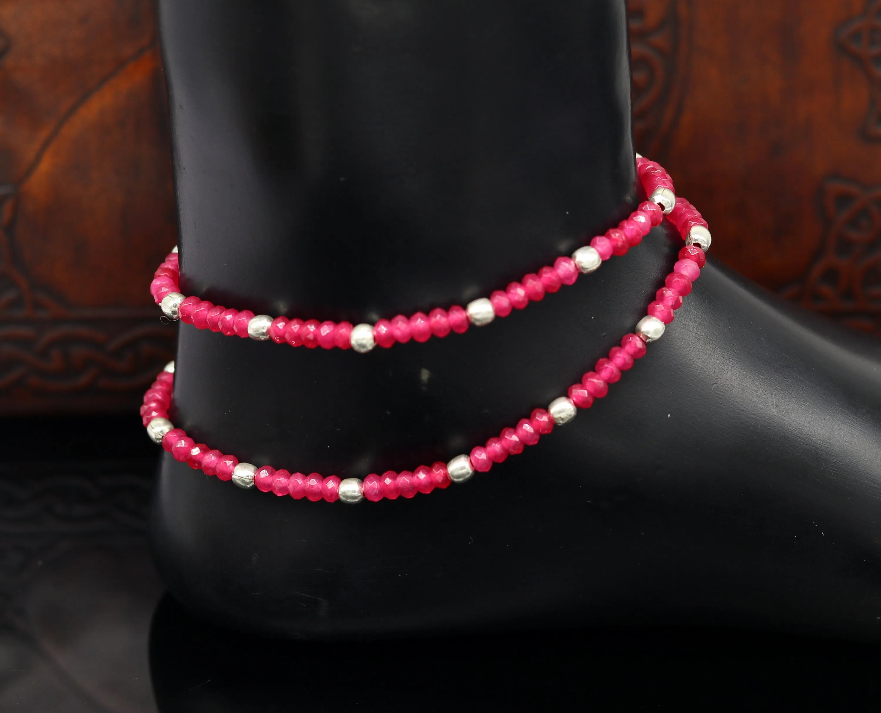 Elegant threads anklets semi precious ruby stone and 925 silver beads, custom made ankle bracelet, pretty gift modern beaded jewelry ank249