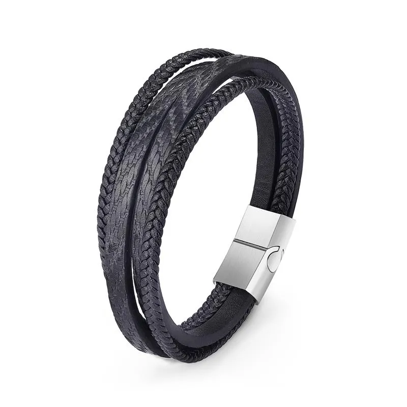 Fashion Stainless Steel Charm Men Bracelet Magnetic Clasp Braided Mutilayer Leather Wrapping Punk Rock Bangles Man Jewelry Gift