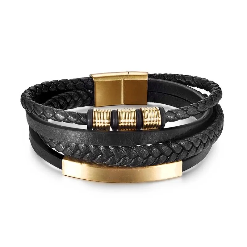 Fashion Stainless Steel Charm Men Bracelet Magnetic Clasp Braided Mutilayer Leather Wrapping Punk Rock Bangles Man Jewelry Gift