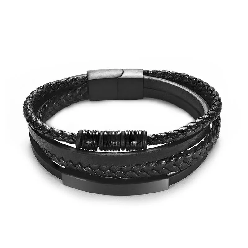 Fashion Stainless Steel Charm Men Bracelet Magnetic Clasp Braided Mutilayer Leather Wrapping Punk Rock Bangles Man Jewelry Gift