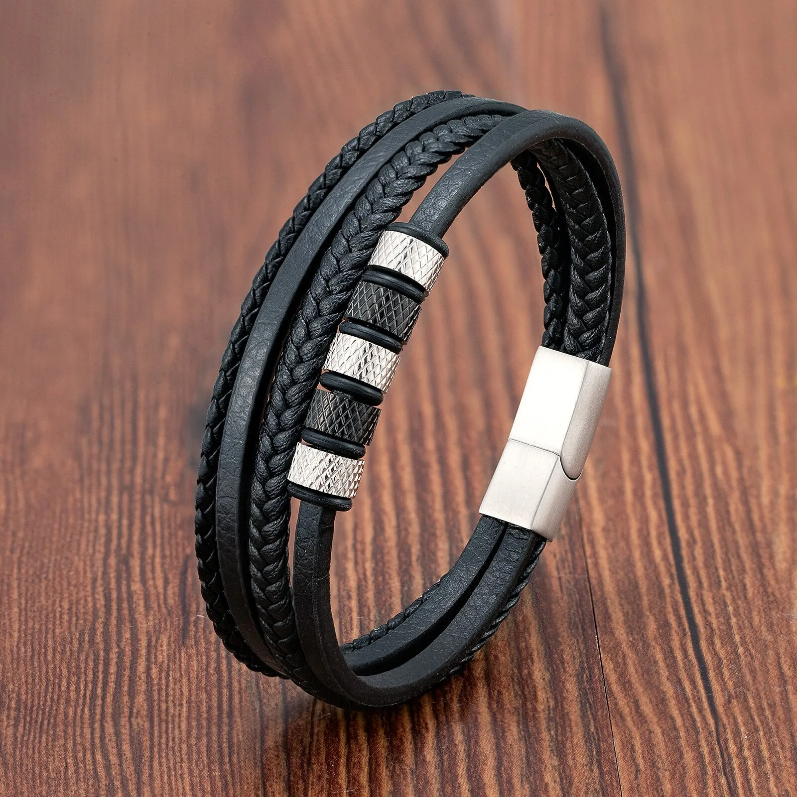 Fashion Stainless Steel Charm Men Bracelet Magnetic Clasp Braided Mutilayer Leather Wrapping Punk Rock Bangles Man Jewelry Gift