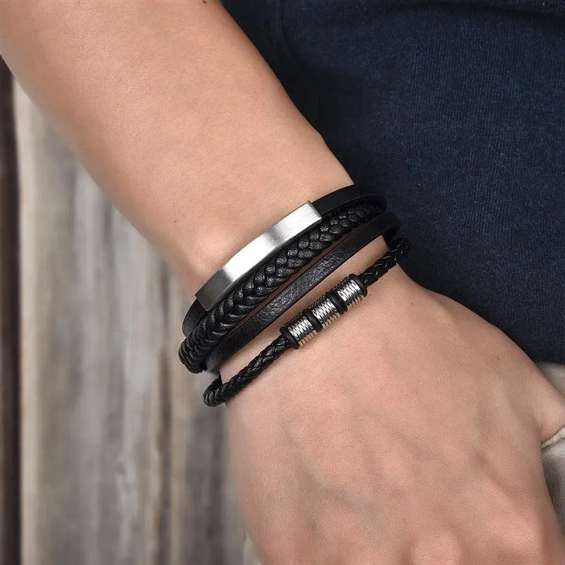 Fashion Stainless Steel Charm Men Bracelet Magnetic Clasp Braided Mutilayer Leather Wrapping Punk Rock Bangles Man Jewelry Gift
