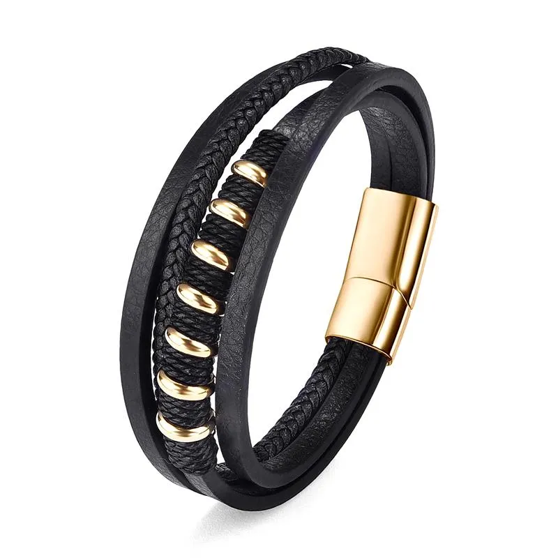 Fashion Stainless Steel Charm Men Bracelet Magnetic Clasp Braided Mutilayer Leather Wrapping Punk Rock Bangles Man Jewelry Gift