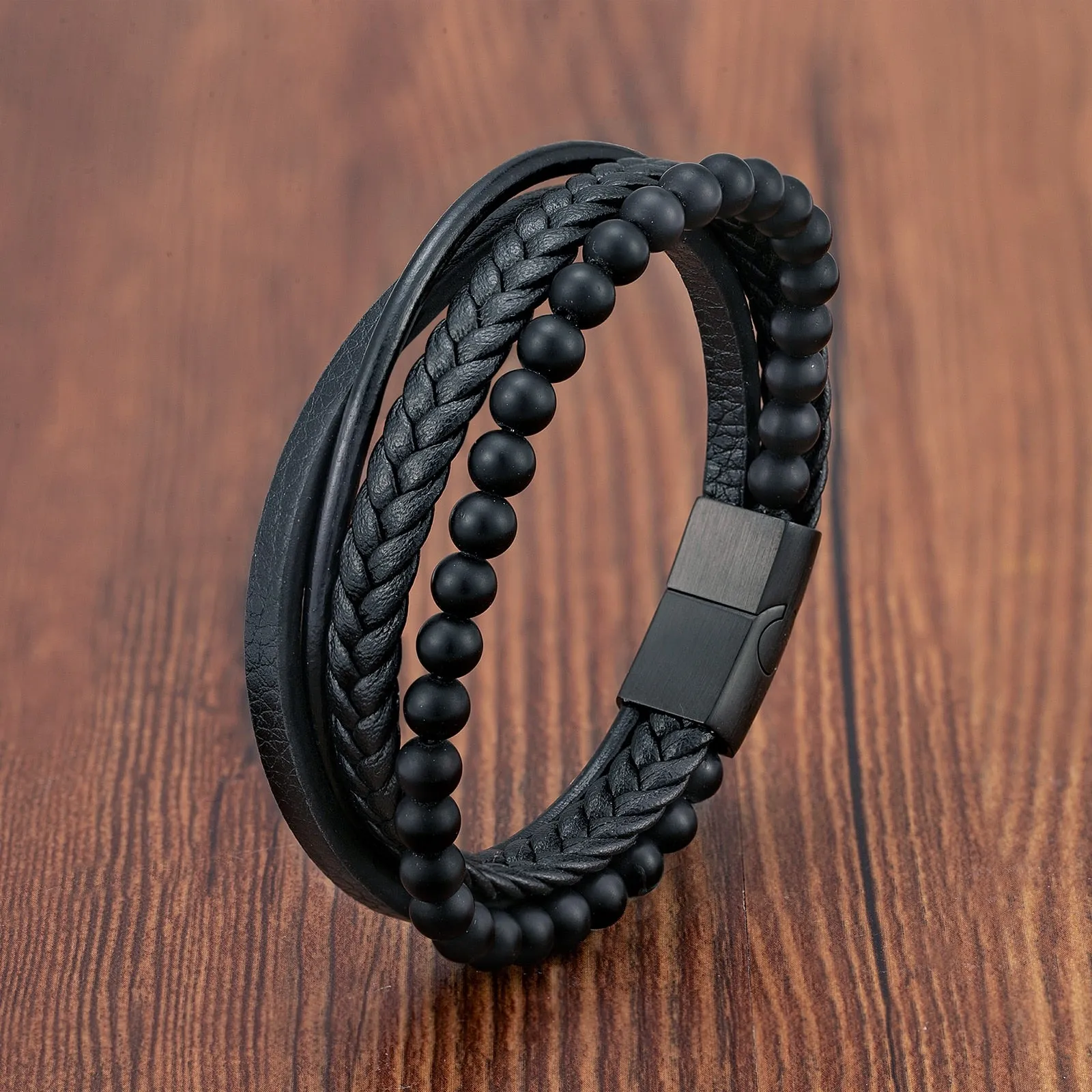 Fashion Stainless Steel Charm Men Bracelet Magnetic Clasp Braided Mutilayer Leather Wrapping Punk Rock Bangles Man Jewelry Gift