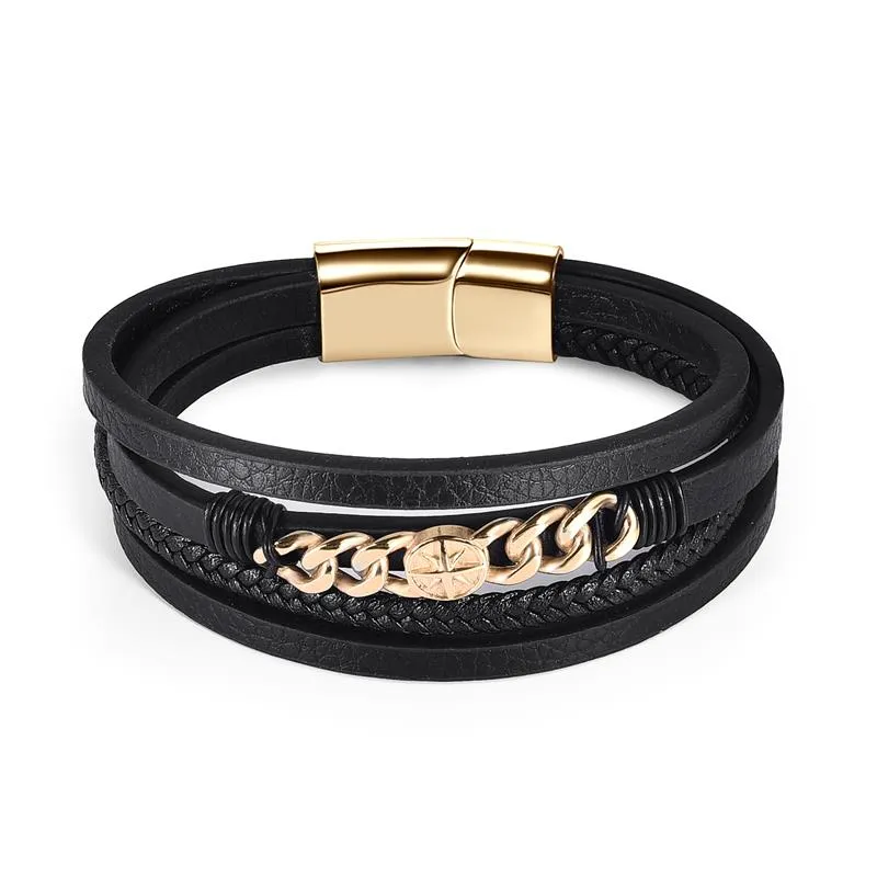 Fashion Stainless Steel Charm Men Bracelet Magnetic Clasp Braided Mutilayer Leather Wrapping Punk Rock Bangles Man Jewelry Gift