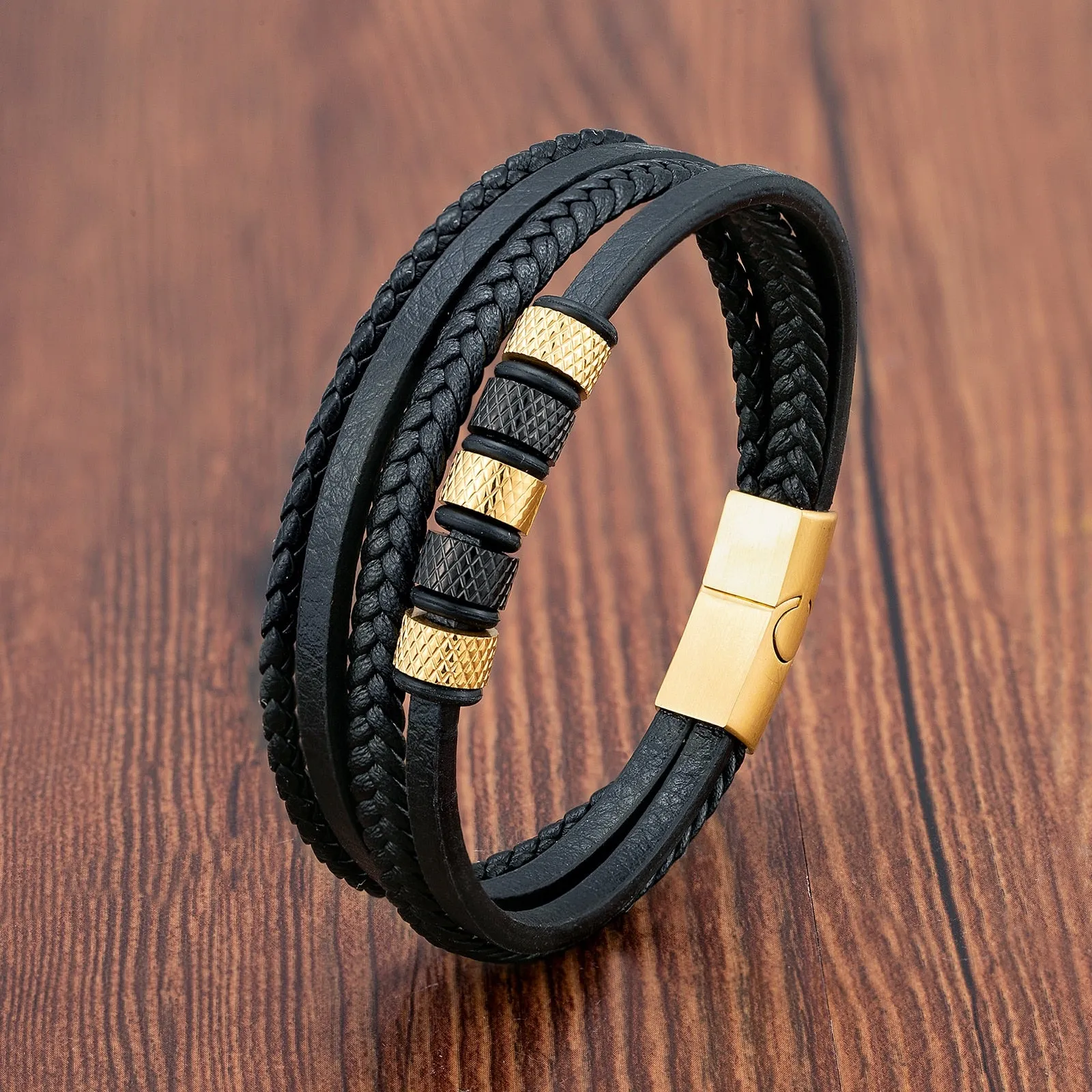 Fashion Stainless Steel Charm Men Bracelet Magnetic Clasp Braided Mutilayer Leather Wrapping Punk Rock Bangles Man Jewelry Gift