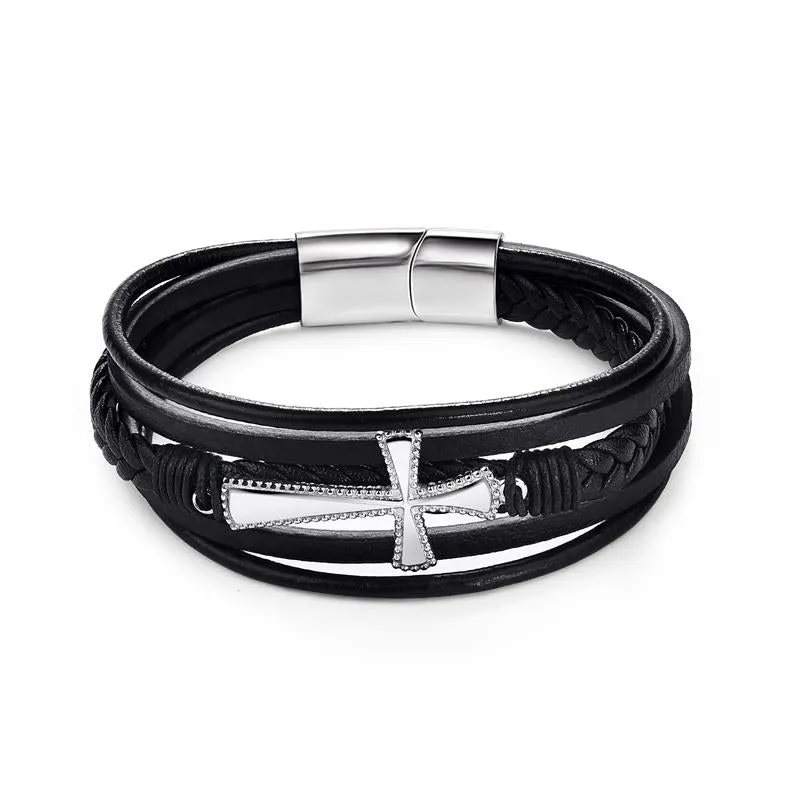 Fashion Stainless Steel Charm Men Bracelet Magnetic Clasp Braided Mutilayer Leather Wrapping Punk Rock Bangles Man Jewelry Gift