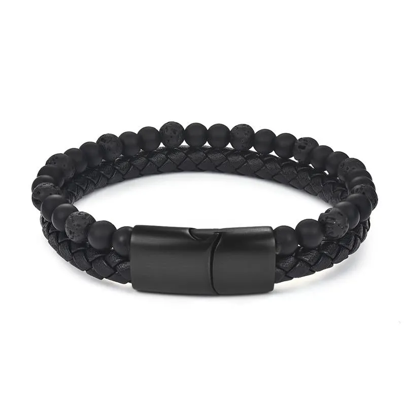 Fashion Stainless Steel Charm Men Bracelet Magnetic Clasp Braided Mutilayer Leather Wrapping Punk Rock Bangles Man Jewelry Gift