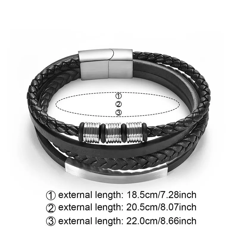 Fashion Stainless Steel Charm Men Bracelet Magnetic Clasp Braided Mutilayer Leather Wrapping Punk Rock Bangles Man Jewelry Gift