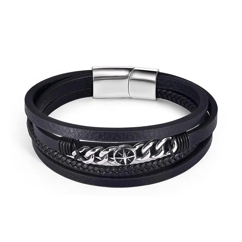 Fashion Stainless Steel Charm Men Bracelet Magnetic Clasp Braided Mutilayer Leather Wrapping Punk Rock Bangles Man Jewelry Gift