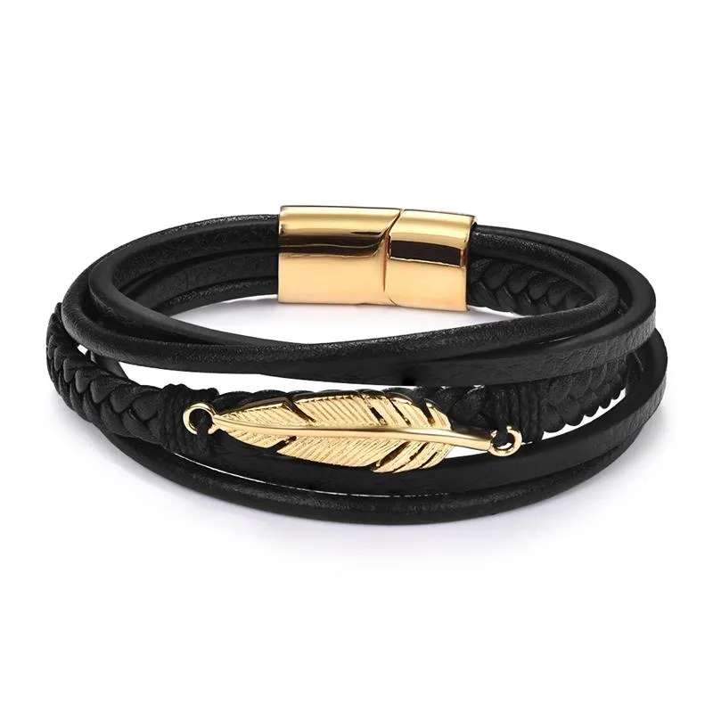Fashion Stainless Steel Charm Men Bracelet Magnetic Clasp Braided Mutilayer Leather Wrapping Punk Rock Bangles Man Jewelry Gift