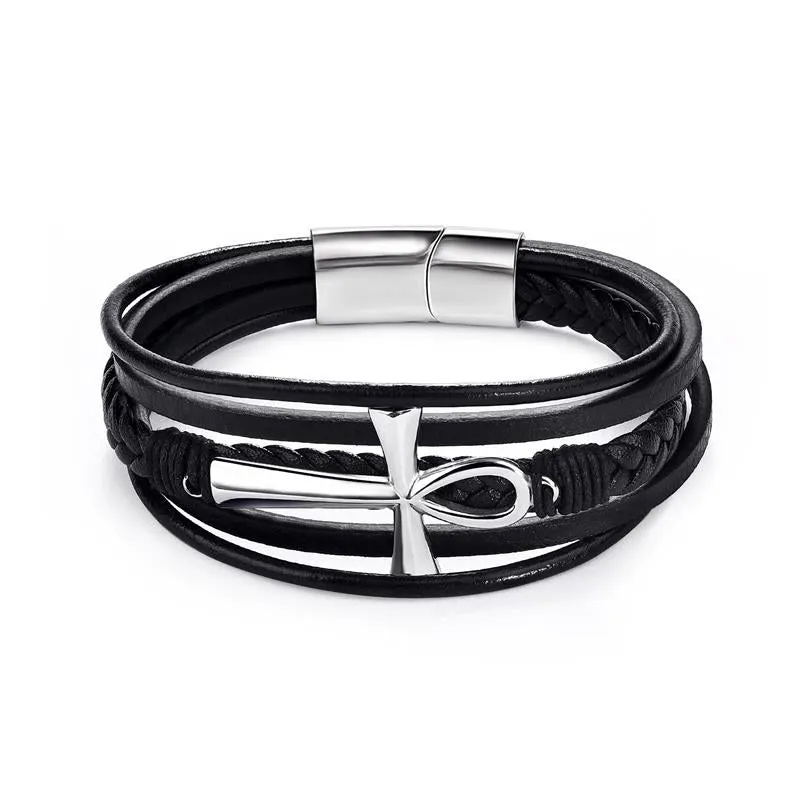 Fashion Stainless Steel Charm Men Bracelet Magnetic Clasp Braided Mutilayer Leather Wrapping Punk Rock Bangles Man Jewelry Gift