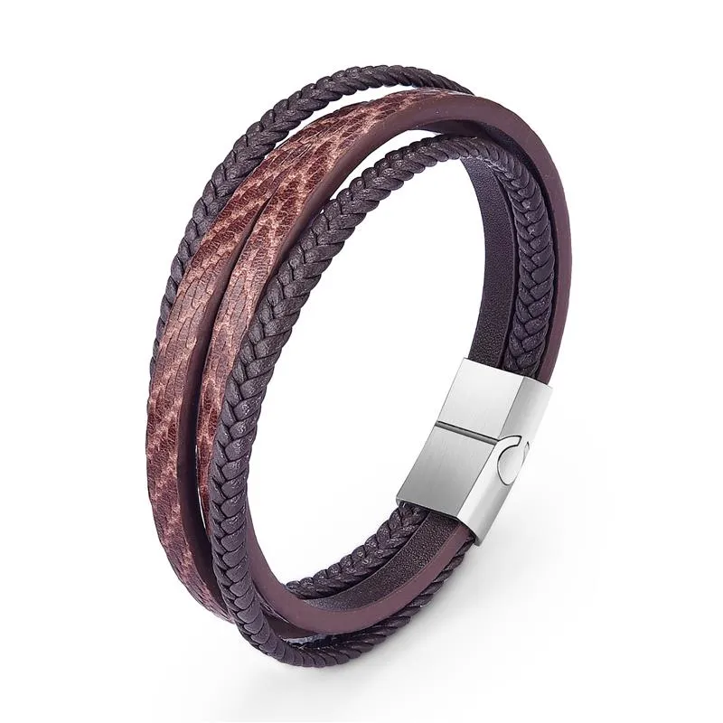 Fashion Stainless Steel Charm Men Bracelet Magnetic Clasp Braided Mutilayer Leather Wrapping Punk Rock Bangles Man Jewelry Gift