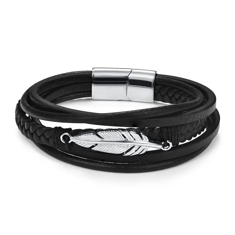 Fashion Stainless Steel Charm Men Bracelet Magnetic Clasp Braided Mutilayer Leather Wrapping Punk Rock Bangles Man Jewelry Gift