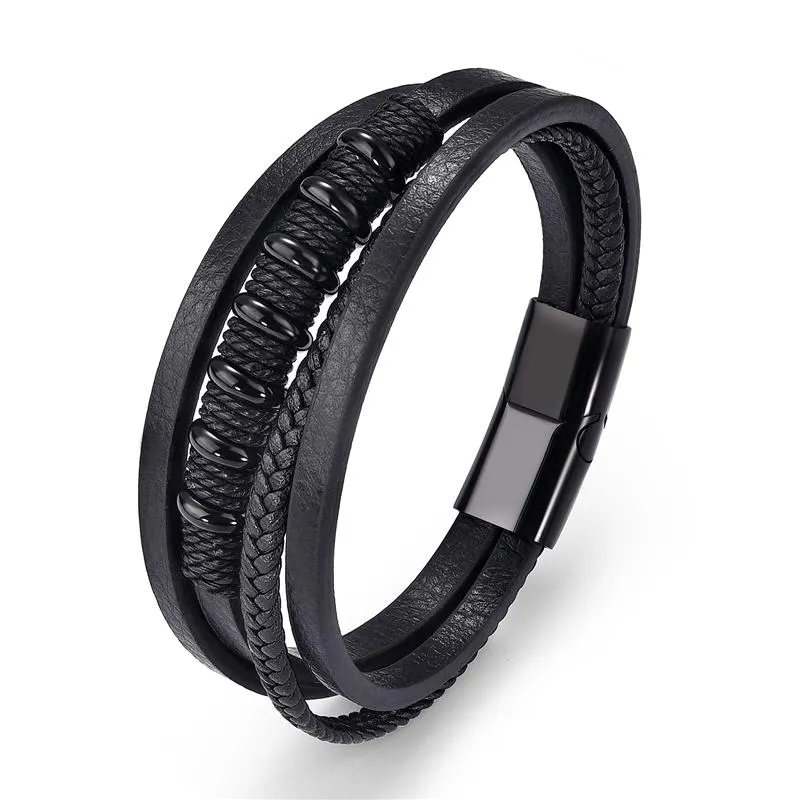 Fashion Stainless Steel Charm Men Bracelet Magnetic Clasp Braided Mutilayer Leather Wrapping Punk Rock Bangles Man Jewelry Gift